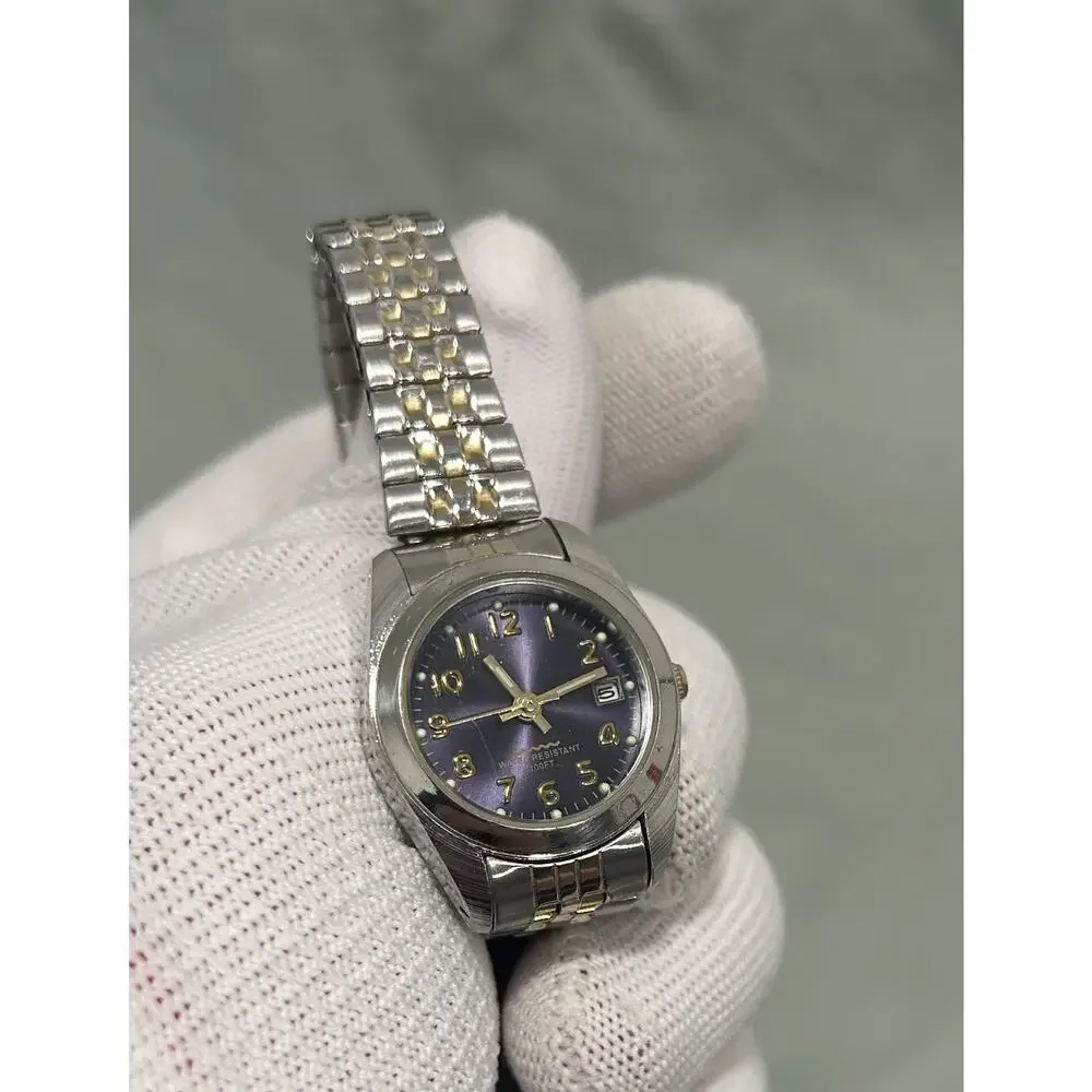 Women’s Quartz Watch Purple Dial Date Two-Tone Stretch Band WS770 PC22